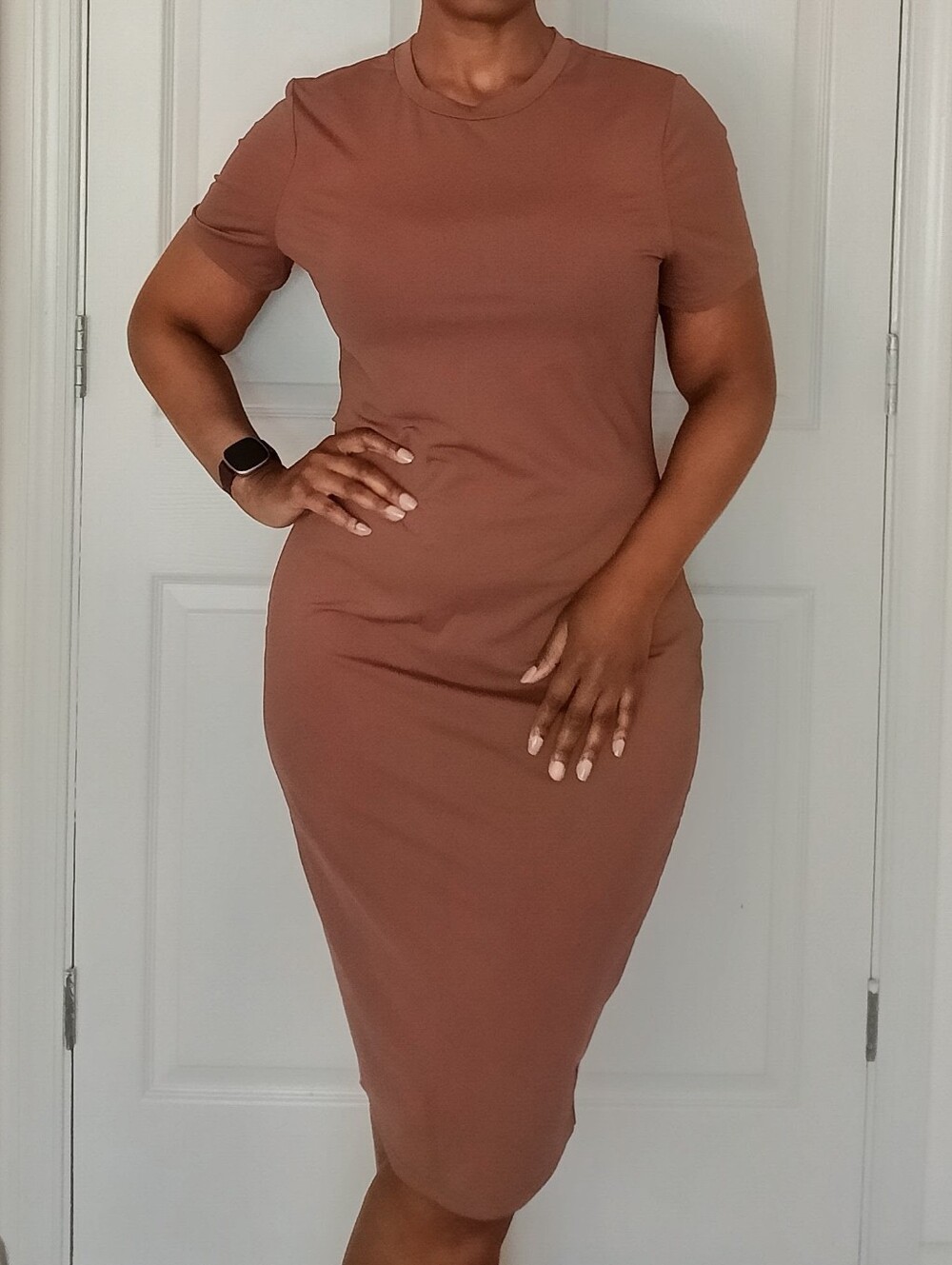 SHEIN Brown Short Sleeve Crewneck Bodycon Dress
